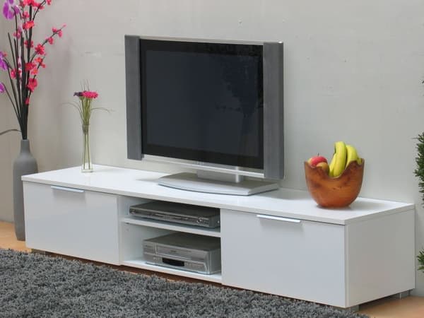 Bergamo TV möbel med 2 lådor och 2 hyllor bredd 172 cm, höjd 33 cm vit hög glans.