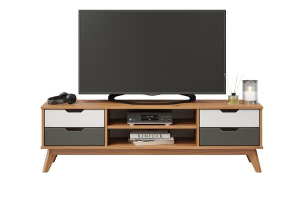 Scandik TV møbel 4 skuffer, 1 hylde honning,hvid,grå.