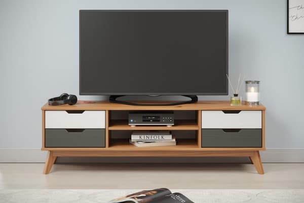 Scandik TV møbel 4 skuffer, 1 hylde honning,hvid,grå.