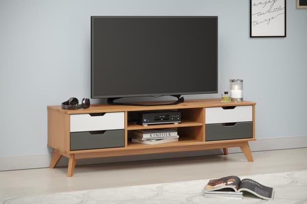 Scandik TV møbel 4 skuffer, 1 hylde honning,hvid,grå.