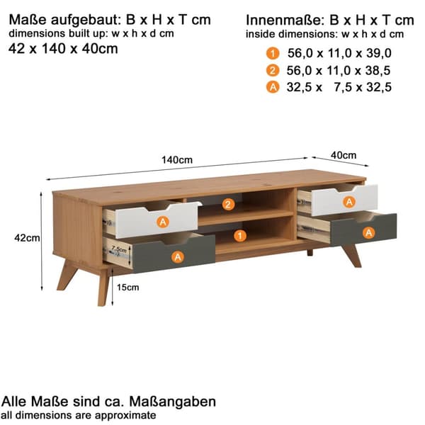 Scandik TV møbel 4 skuffer, 1 hylde honning,hvid,grå.
