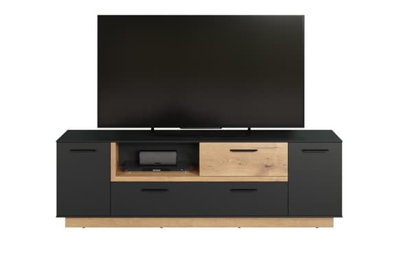 Synnax TV møbel 2 låger, 2 klaplåger, 1 hylde, 1 skuffe grå,egetræ dekor.