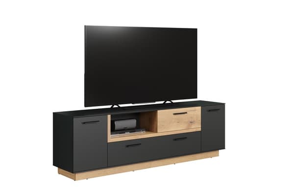 Synnax TV møbel 2 låger, 2 klaplåger, 1 hylde, 1 skuffe grå,egetræ dekor.