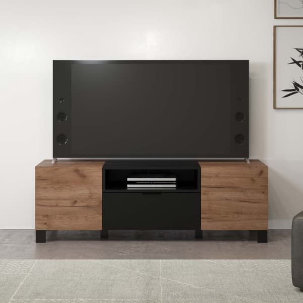 Kendo TV-bord 2 dører, 1 hylle, 1 klaffdør, eik dekor, svart matt.