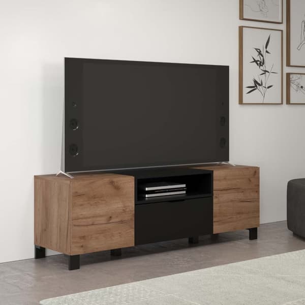 Kendo TV-bord 2 dører, 1 hylle, 1 klaffdør, eik dekor, svart matt.