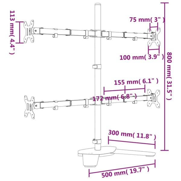 vidaXL Skärmfäste för 4 skärmar svart stål VESA 75/100 mm