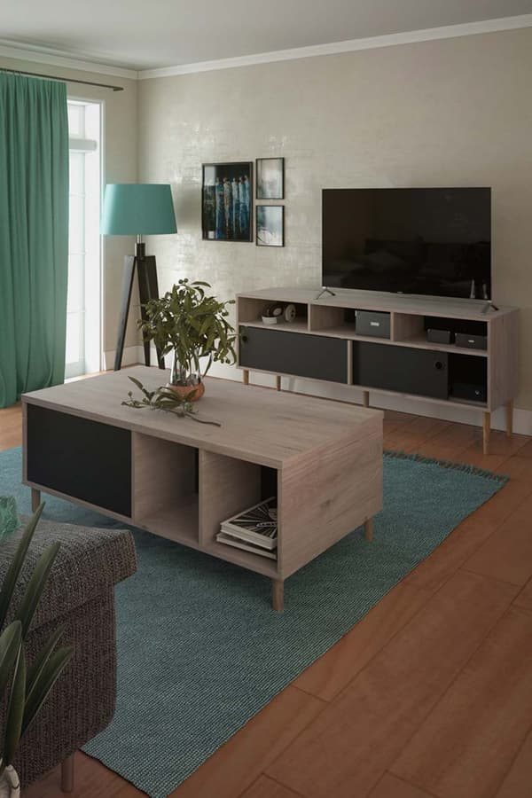 Penny TV möbel 2 skjutdörrar och 3 fack hickorymönstrad och mattsvart.