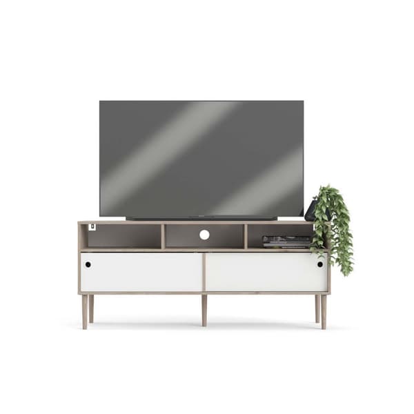 Penny TV møbel 2 skydelåger og 3 rum, Hickory dekor og mat hvid.