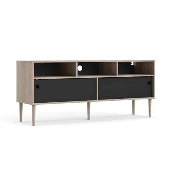Penny TV-bord 2 skyvedører og 3 rom Hickory dekor og matt sort.