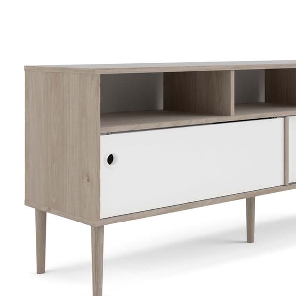 Penny TV-bord 2 skyvedører og 3 rom Hickory dekor og matt hvit.