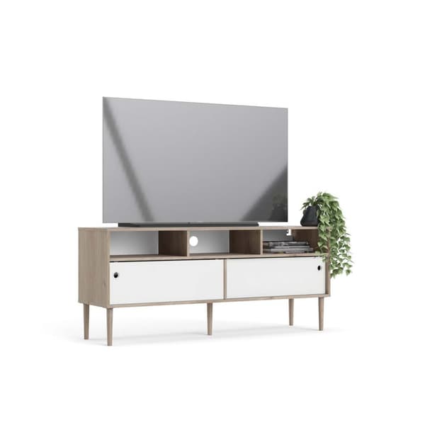 Penny TV-bord 2 skyvedører og 3 rom Hickory dekor og matt hvit.