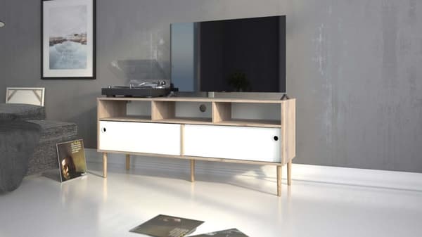 Penny TV-bord 2 skyvedører og 3 rom Hickory dekor og matt hvit.