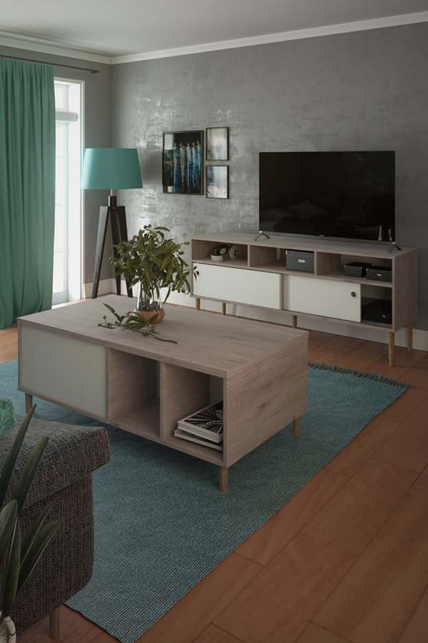 Penny TV-bord 2 skyvedører og 3 rom Hickory dekor og matt hvit.