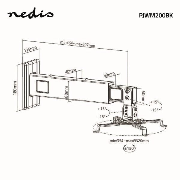 Nedis PJWM200BK Projector Wall Mount 360 ° / Max 15kg / 54-320 mm