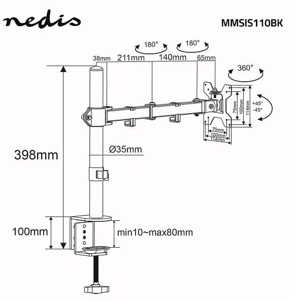 NEDIS MMSIS110BK Table Monitor Mount 15–32"| VESA 75 x 75 / 100 x 100 | 8 kg