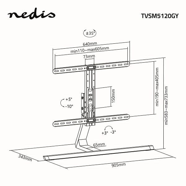 NEDIS stojan na TV/ 37 - 75"/ nosnost 40 kg/ naklápěcí/ otočný/ nastavitelné výšky/ Full motion/ hliník/ ocel/ šedý