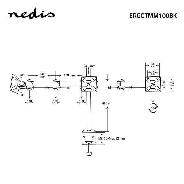 Nedis ERGOTMM100BK Table mount for 3 monitor up to 14-24 "