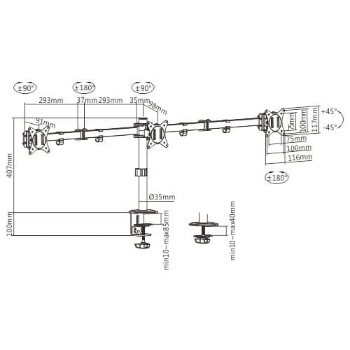Gembird MA-D3-01 Justerbar skrivbord 3-skärms monteringsarm (rotera, luta, vrida), 17”-27”, upp till 7 kg