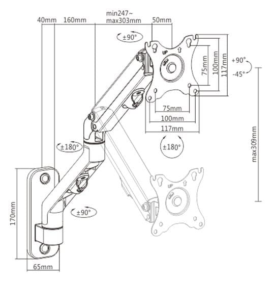 Gembird MA-WA1-02 Justerbar vægmonteringsarm, 17"-27", op til 7 kg