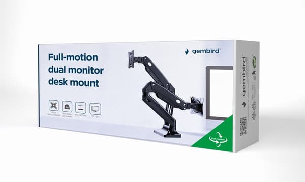 Gembird MA-DA2-03 Full-motion skrivebord 2-skærms monteringsarm, 17"-35", op til 10 kg