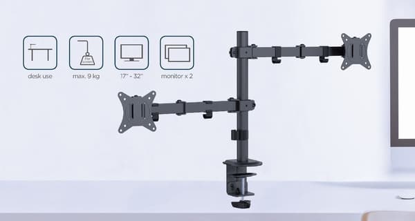 Gembird MA-D2-03 Justerbar skrivebordsmonteret dobbelt monitorarm, 17"-32", sort