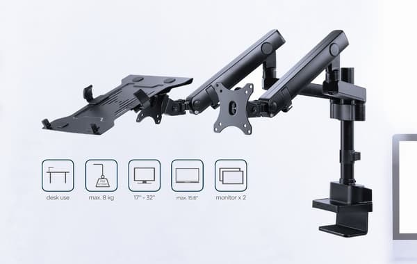 Gembird MA-DA3-02 Skrivebordsmonteret justerbar skærmarm med notebookbakke (fuld bevægelse), 17"-32", op