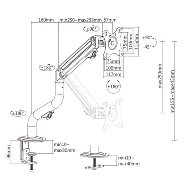 Gembird MA-DA1-02 Justerbar monteringsarm för skrivbordsskärm (lutande), 17”-32”, upp till 8 kg