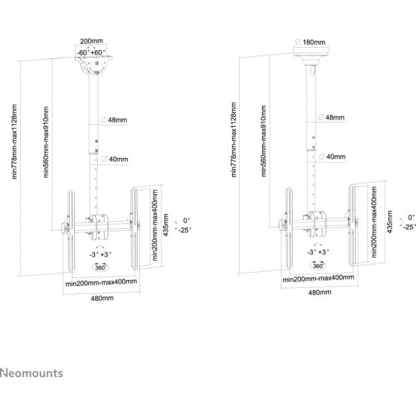 Neomounts fra Newstar NM-C440BLACK TV / skærm loftbeslag til 32"-60" skærm, højdejusterbar