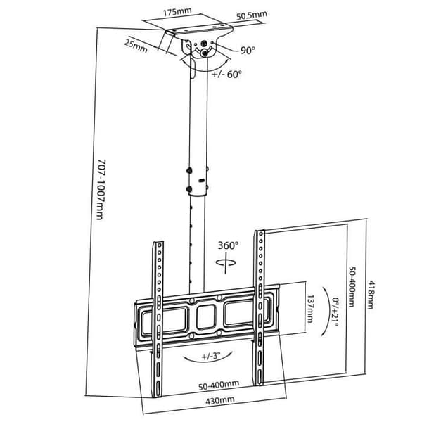 Maclean takfäste för TV, VESA 400x400, 32"-50", takavstånd 717-1017mm, max 35kg, MC-943