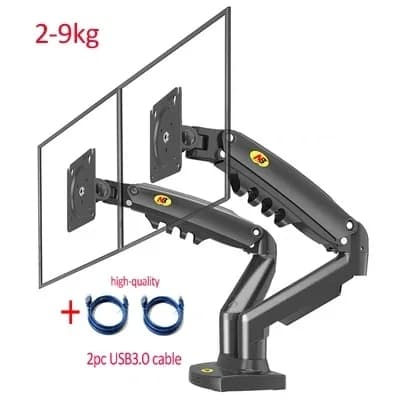 Gasfjeder Monitorstand, Dobbeltarme, 360 Rotation, MED 2xUSB KABEL