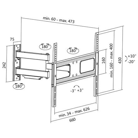 Logilink BP0019 TV Seinäteline, 37""-70"", kallistus +10°-20°,kääntö +-90°, 473mm Logilink | Seinäkiinnitys | BP0019 | 37-70 "" | Enimmäismäärä