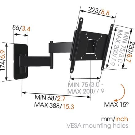 Vogels | Väggfäste | MA2040-A1 | Full rörelse | 19-40 "" | Maxvikt (kapacitet) 15 kg | Svart
