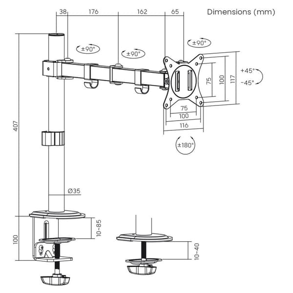 Maclean MC-753N LCD-skærm Skrivebordsmontering 17-32" 9 kg VESA 75x75 100x100 Enkeltarm Udtrækkelig Justerbar