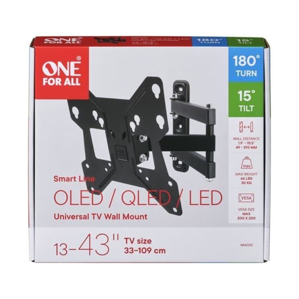ONE FOR ALL WM2241 Tiltbart (15°) och vridbart (180°) väggfäste för TV från 13 till 43" (33 till 109 cm) - Maxvikt: 30 kg