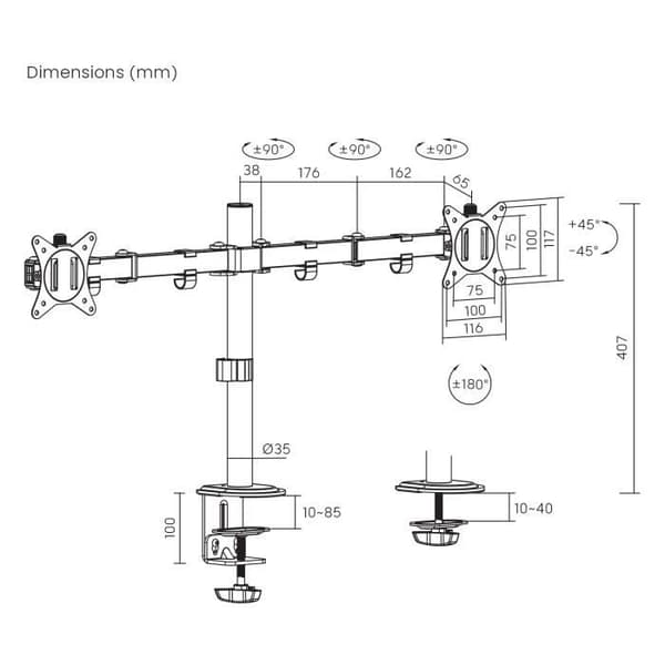 Skrivbordstöd - Maclean - MC-754N - 2 skärmar - Lutning +45° till -45° - VESA 75x75/100x100