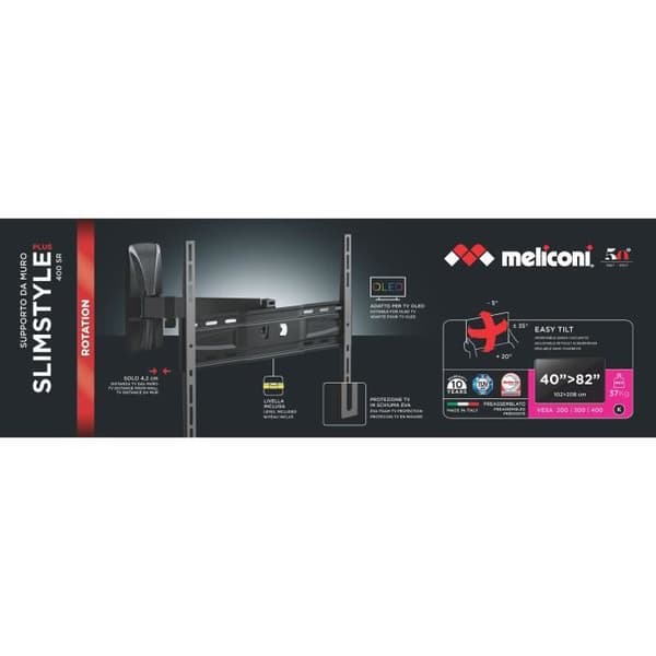 Meliconi - Lutning och roterbar TV-stöd SP 400SR PLUS - Stort synfält - för TV 40'' till 82'' - VESA 200/300/400 - Levererad