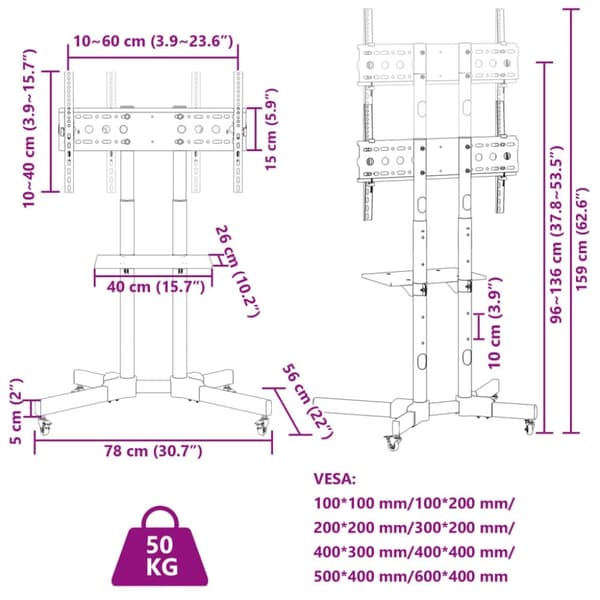 vidaXL Tv-ställ på hjul för 32-70 tums skärm max VESA 600x400 mm 50kg