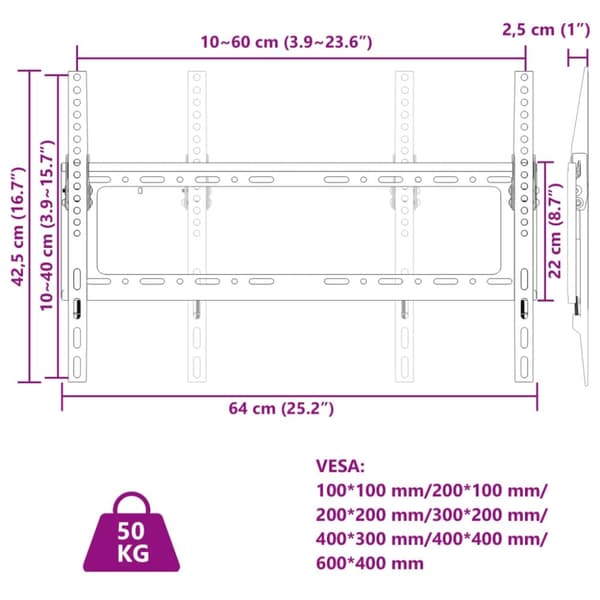 vidaXL TV-veggfeste for 26-63 tommers skjerm maks. VESA 600x400mm 50kg