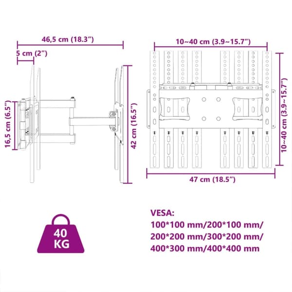 vidaXL Tv-väggfäste för 26-70 tums skärm max VESA 400x400 mm 40kg