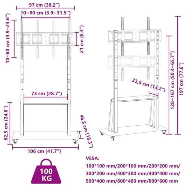 vidaXL Tv-ställ på hjul för 32-90 tums skärm max VESA 800x600 mm 100kg