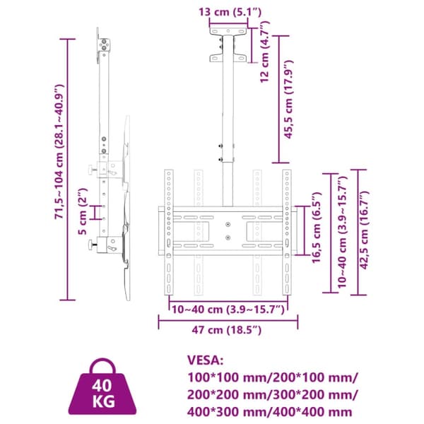 vidaXL Tv-takfäste för 32-65 tums skärm max VESA 400x400 mm 40kg