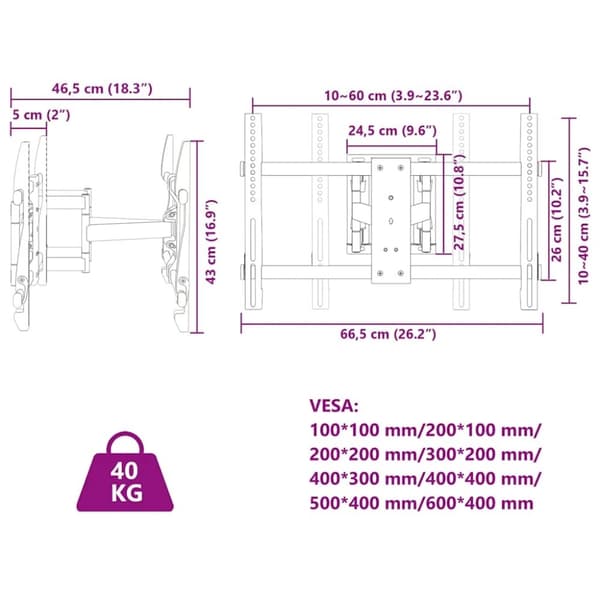 vidaXL Tv-väggfäste för 37-80 tums skärm max VESA 600x400 mm 40kg