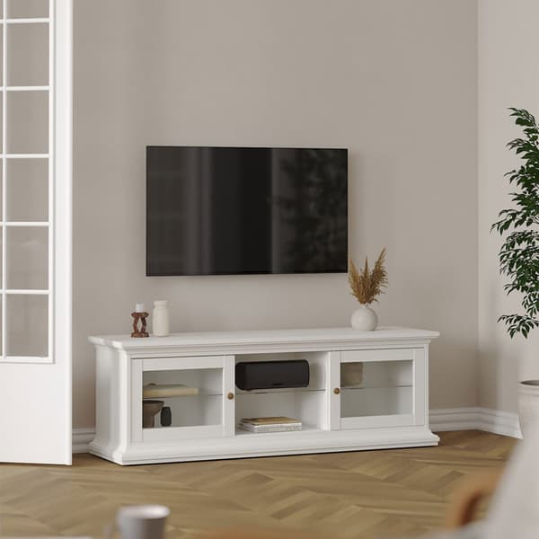 Venedig TV-bord 2 glassdører og 1 glasshylle hvit .