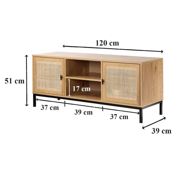 2-dörrars TV-enhet med rottingrör och 2 nischer L120cm - JAYA