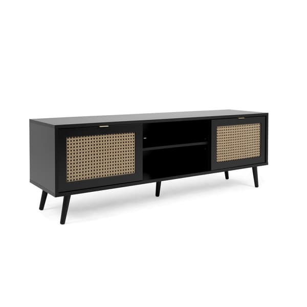 Meuble TV 2 Portes Impression Cannage et Noir L150 x H52 cm - VILLA