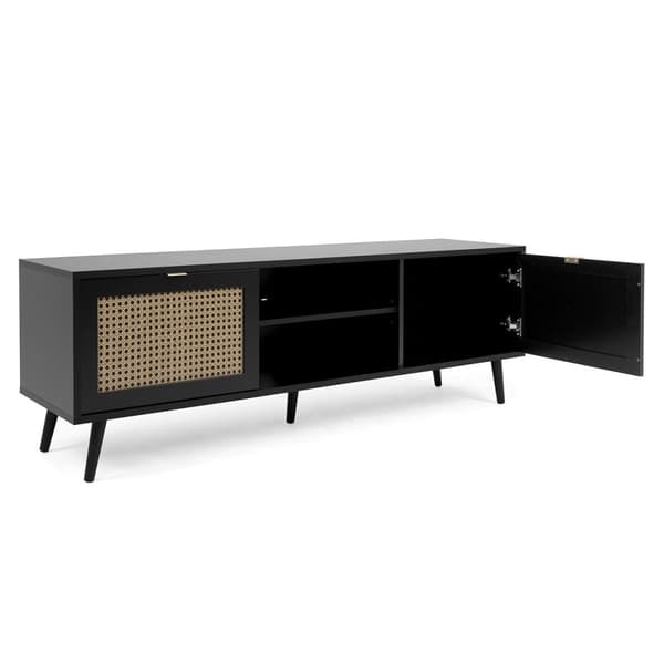 Meuble TV 2 Portes Impression Cannage et Noir L150 x H52 cm - VILLA