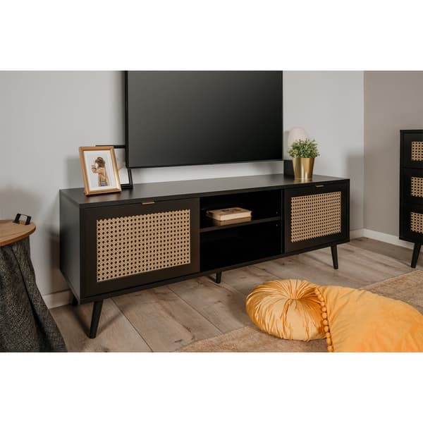 Meuble TV 2 Portes Impression Cannage et Noir L150 x H52 cm - VILLA