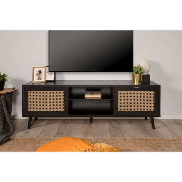 Meuble TV 2 Portes Impression Cannage et Noir L150 x H52 cm - VILLA
