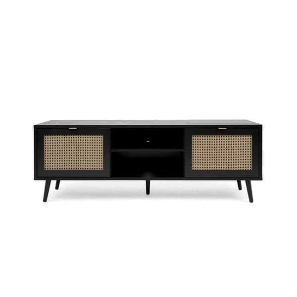 Meuble TV 2 Portes Impression Cannage et Noir L150 x H52 cm - VILLA