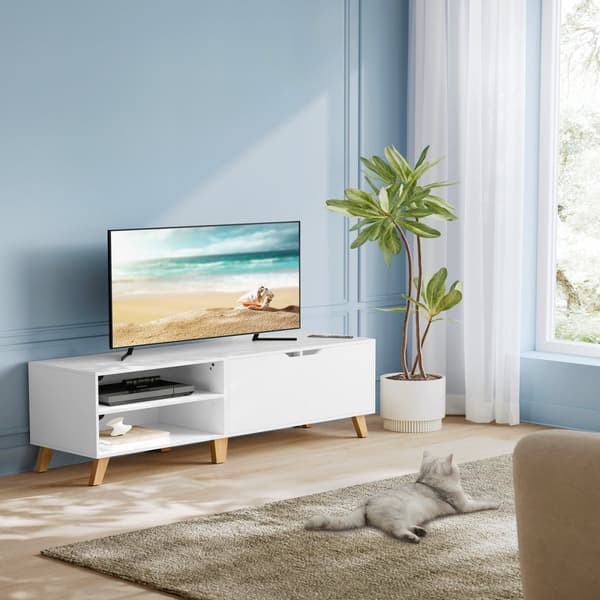 Vitt TV-skåp med 2 nischer och 2 luckor - L140 cm